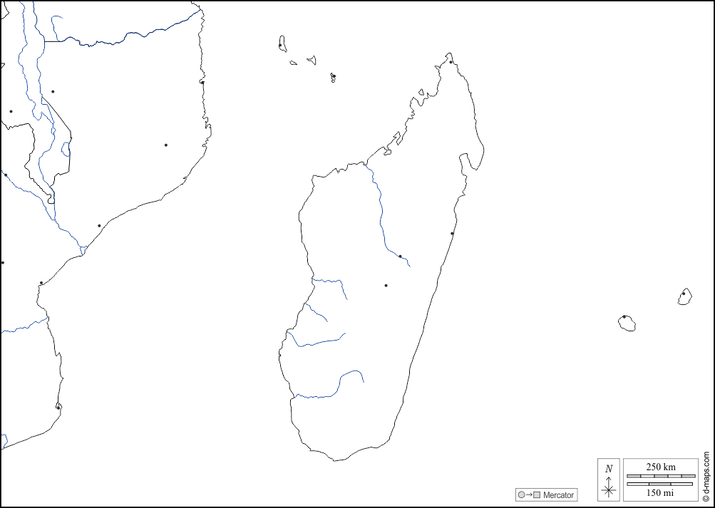 Afrique du Sud-Est : d-maps.com: carte géographique gratuite, carte géographique muette gratuite, carte vierge gratuite, fond de carte gratuit, formats graphiques courants : hydrographie, Etats, principales villes, blanc