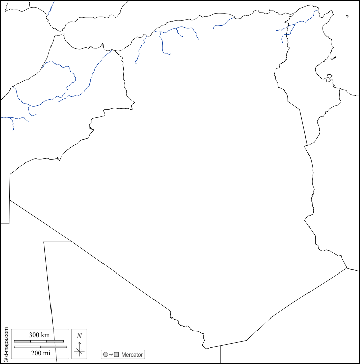 Algérie : d-maps.com: carte géographique gratuite, carte géographique muette gratuite, carte vierge gratuite, fond de carte gratuit, formats graphiques courants : frontières, hydrographie, blanc