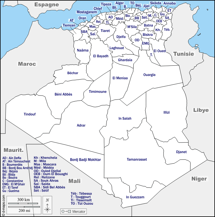 Algérie : d-maps.com: carte géographique gratuite, carte géographique muette gratuite, carte vierge gratuite, fond de carte gratuit, formats graphiques courants : frontières, wilayas, noms