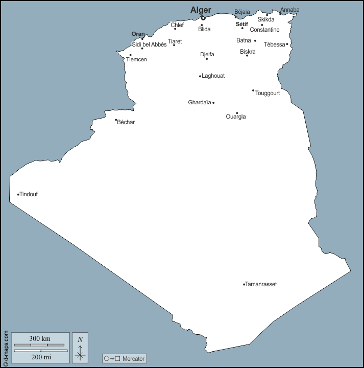Algérie : d-maps.com: carte géographique gratuite, carte géographique muette gratuite, carte vierge gratuite, fond de carte gratuit, formats graphiques courants : contours, principales villes, noms