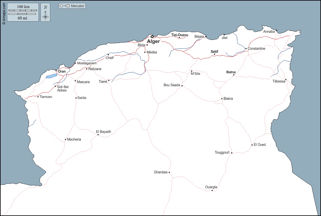 Algérie septentrionale : d-maps.com: carte géographique gratuite, carte géographique muette gratuite, carte vierge gratuite, fond de carte gratuit, formats graphiques courants : contours, hydrographie, principales villes, routes, noms