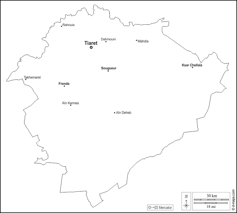Provincia de Tiaret : d-maps.com: mapa gratuito, mapa mudo gratuito, mapa en blanco gratuito, plantilla de mapa : contornos, principales ciudades, nombres, blanco