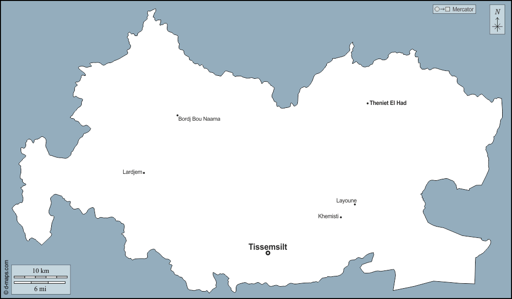 Provincia di Tissemsilt : d-maps.com: mappa gratuita, mappa muta gratuita, cartina muta gratuita : contorni, principali città, nomi