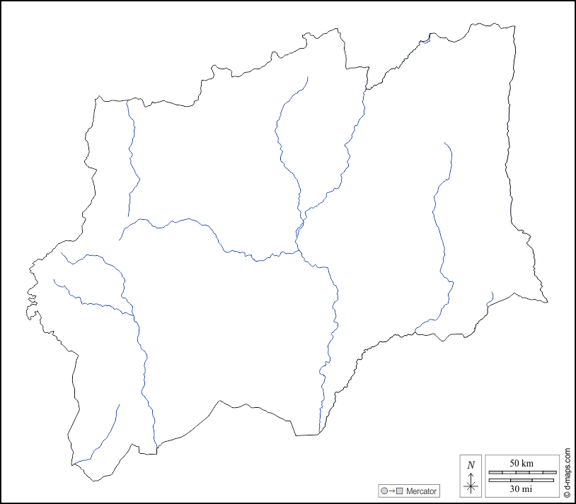 Provincia di Huíla : d-maps.com: mappa gratuita, mappa muta gratuita, cartina muta gratuita : contorni, idrografia, bianco