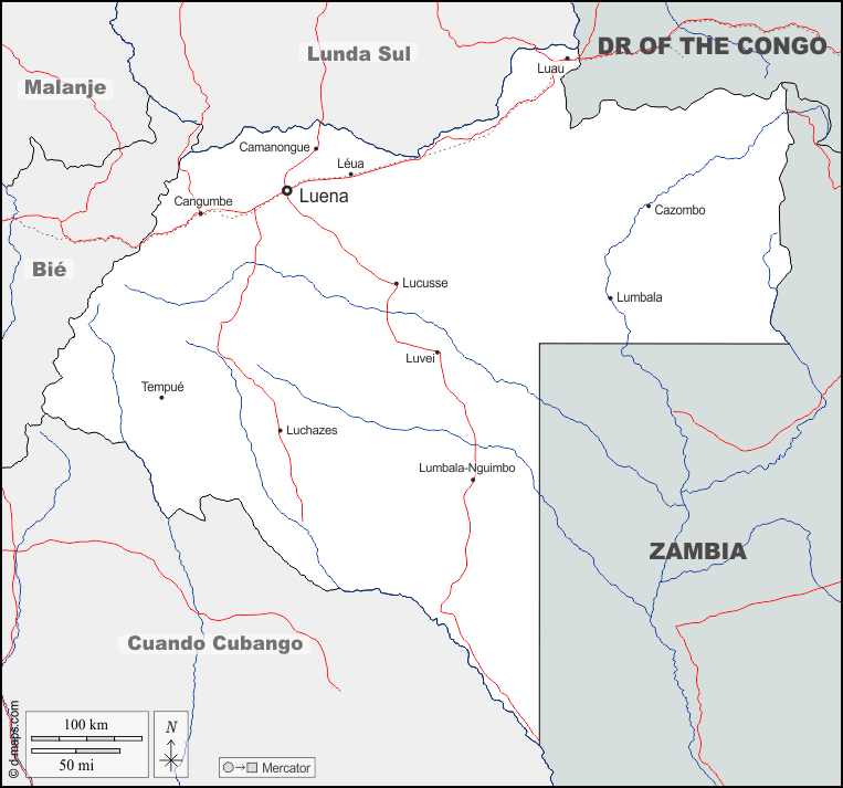 Provincia di Moxico : d-maps.com: mappa gratuita, mappa muta gratuita, cartina muta gratuita : frontiere, idrografia, principali città, strade, nomi