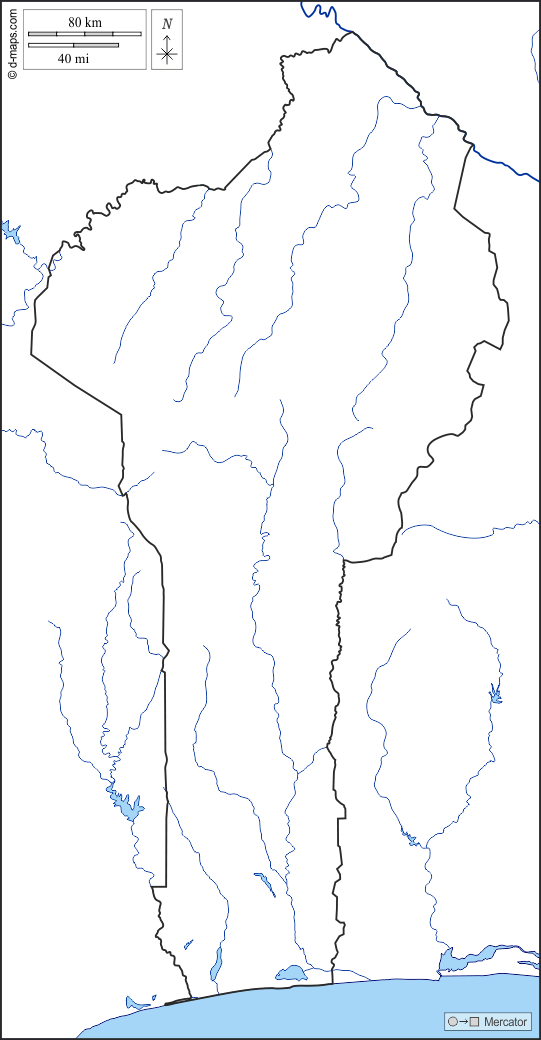بنين : خريطة مجانية, خريطة خاليه من الفراغ, خريطة الخطوط العريضة, خريطة القاعدة الحرة
 : سواحل, حدود, هيدروغرافيا