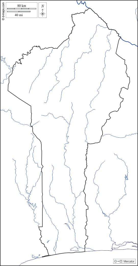 بنين : خريطة مجانية, خريطة خاليه من الفراغ, خريطة الخطوط العريضة, خريطة القاعدة الحرة
 : سواحل, حدود, هيدروغرافيا, أبيض
