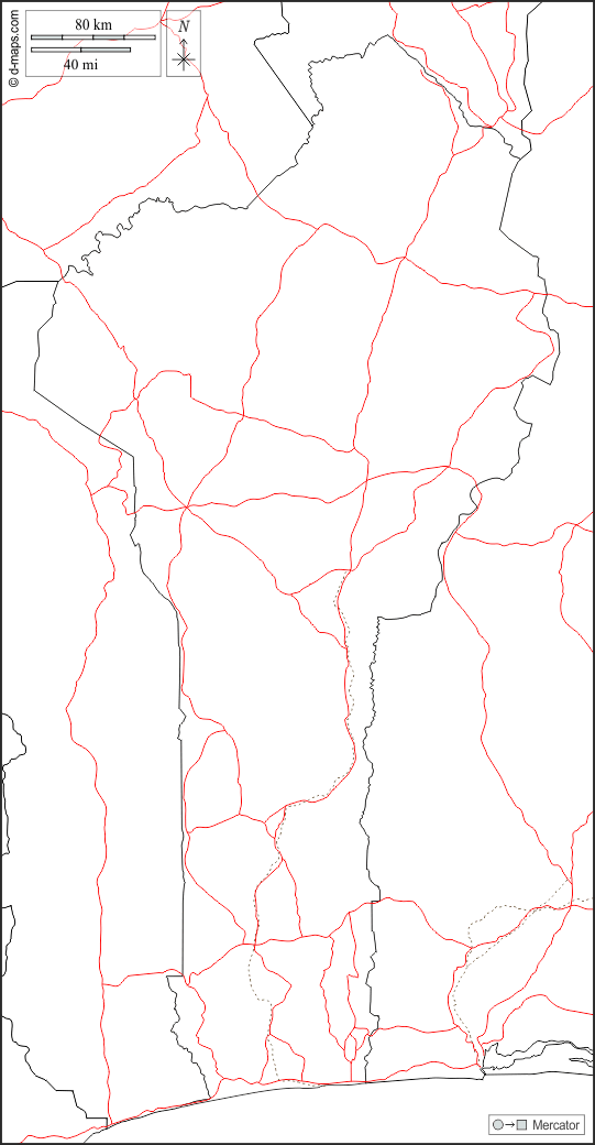 بنين : خريطة مجانية, خريطة خاليه من الفراغ, خريطة الخطوط العريضة, خريطة القاعدة الحرة
 : حدود, الطرق, أبيض