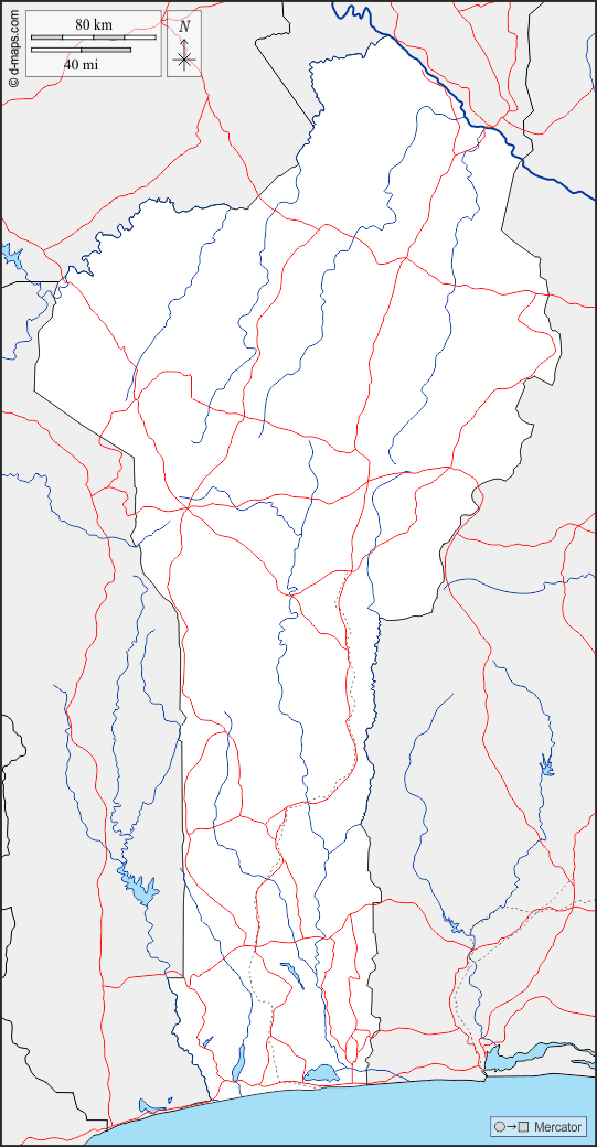 Benin : d-maps.com: mappa gratuita, mappa muta gratuita, cartina muta gratuita : frontiere, idrografia, strade