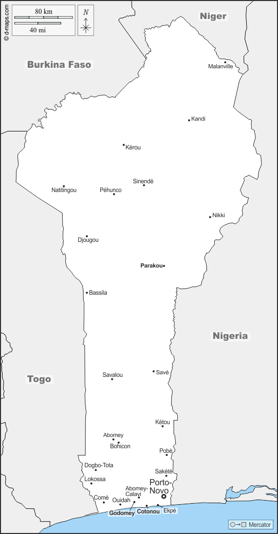 बेनिन : d-maps.com: नि: शुल्क मानचित्र, नि: शुल्क रिक्त नक्शा, नि: शुल्क रूपरेखा मानचित्र, नि: शुल्क आधार मानचित्र
 : सीमाओं, मुख्य शहरों, नाम