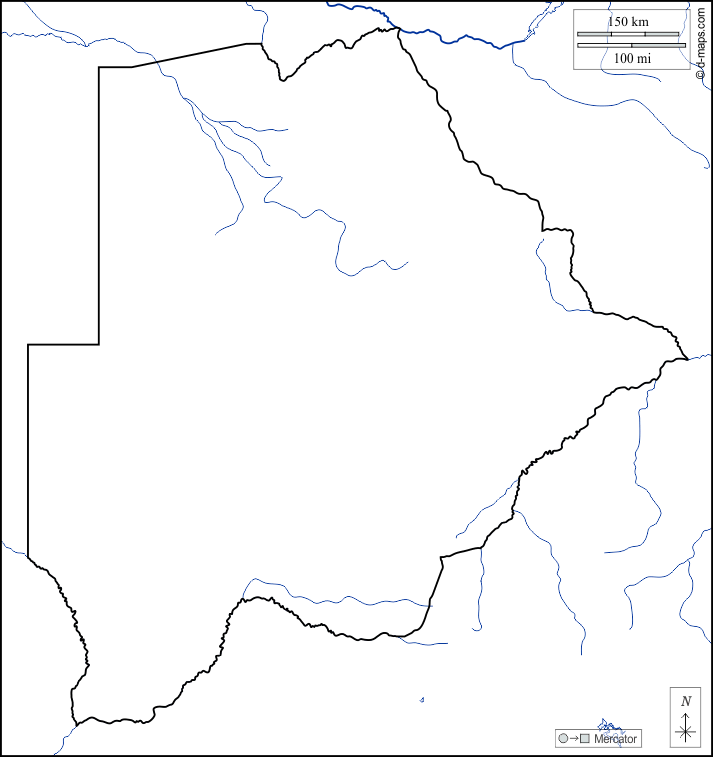 Botswana : d-maps.com: free map, free blank map, free outline map, free base map : coasts, limits, hydrography, white