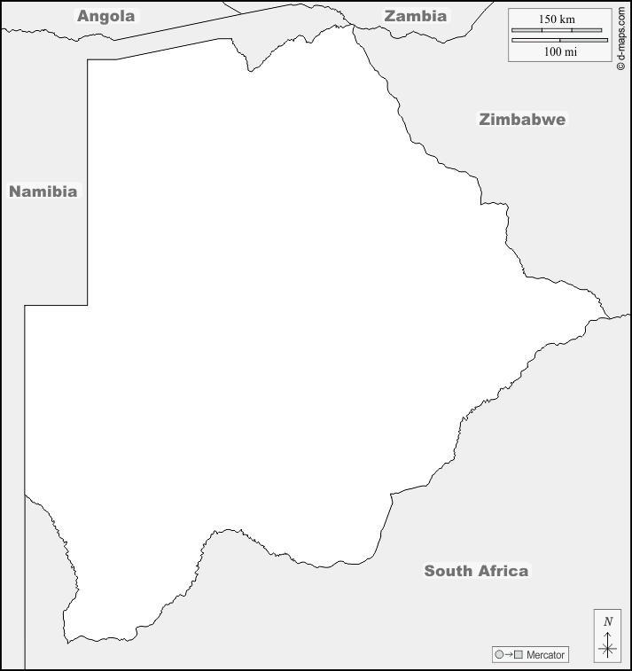 ボツワナ : d-maps.com: 無料地図, 無料の空の地図, 無料のアウトラインマップ, 無料のベースマップ
 : 境界, 名前