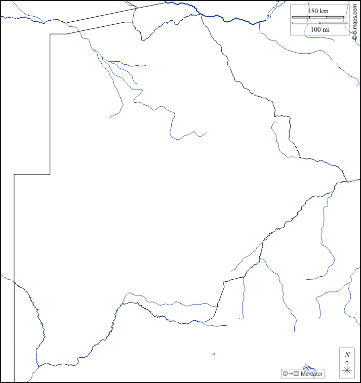 Botswana : d-maps.com: free map, free blank map, free outline map, free base map : boundaries, hydrography, white