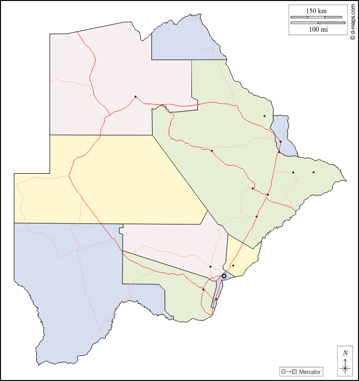 Botswana : d-maps.com: mapa livre, mapa em branco livre, mapa livre do esboço, mapa básico livre
 : contornos, distritos, principais cidades, estradas, cor, branco