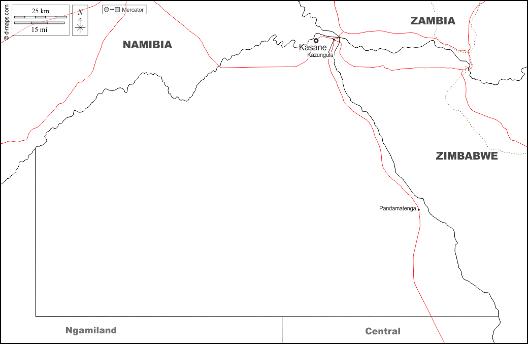 Distretto di Chobe : d-maps.com: mappa gratuita, mappa muta gratuita, cartina muta gratuita : frontiere, principali città, strade, nomi, bianco