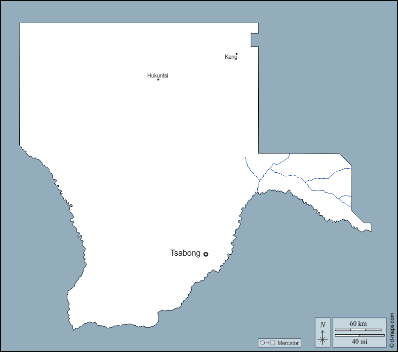 Distretto di Kgalagadi : d-maps.com: mappa gratuita, mappa muta gratuita, cartina muta gratuita : contorni, idrografia, principali città, nomi