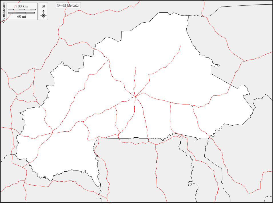 Burkina Faso : d-maps.com: Kostenlose Karten, kostenlose stumme Karte, kostenlose unausgefüllt Landkarte, kostenlose hochauflösende Umrisskarte : Grenzen, Straßen