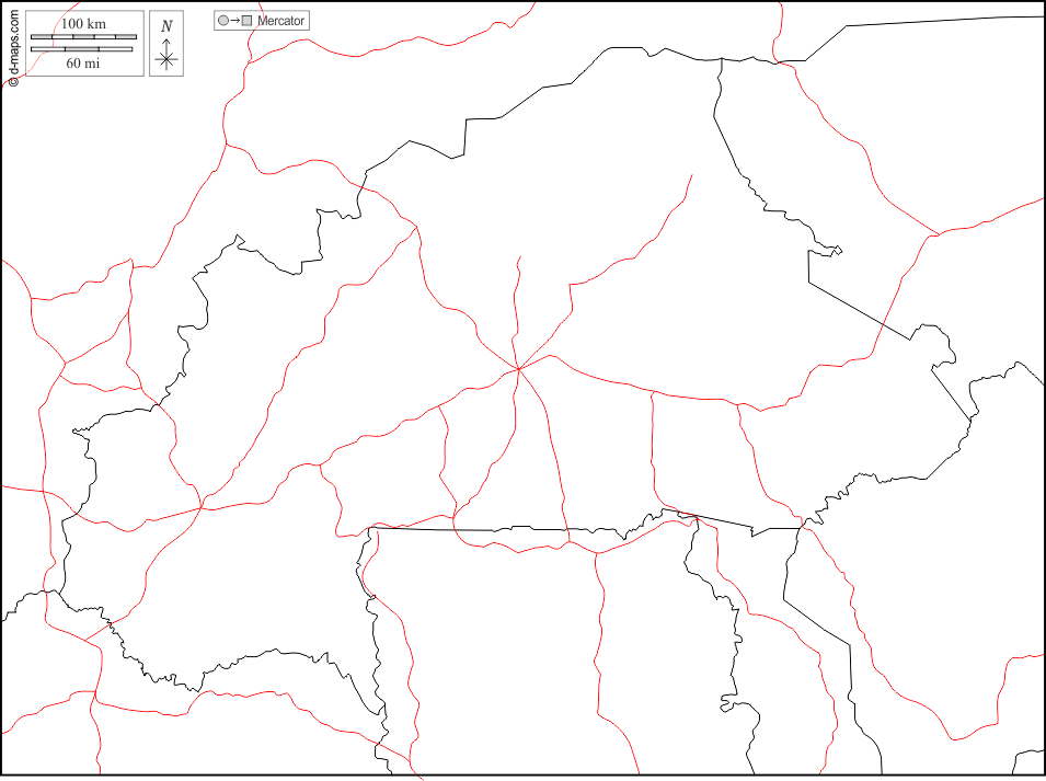 Burkina Faso : d-maps.com: Kostenlose Karten, kostenlose stumme Karte, kostenlose unausgefüllt Landkarte, kostenlose hochauflösende Umrisskarte : Grenzen, Straßen, weiß