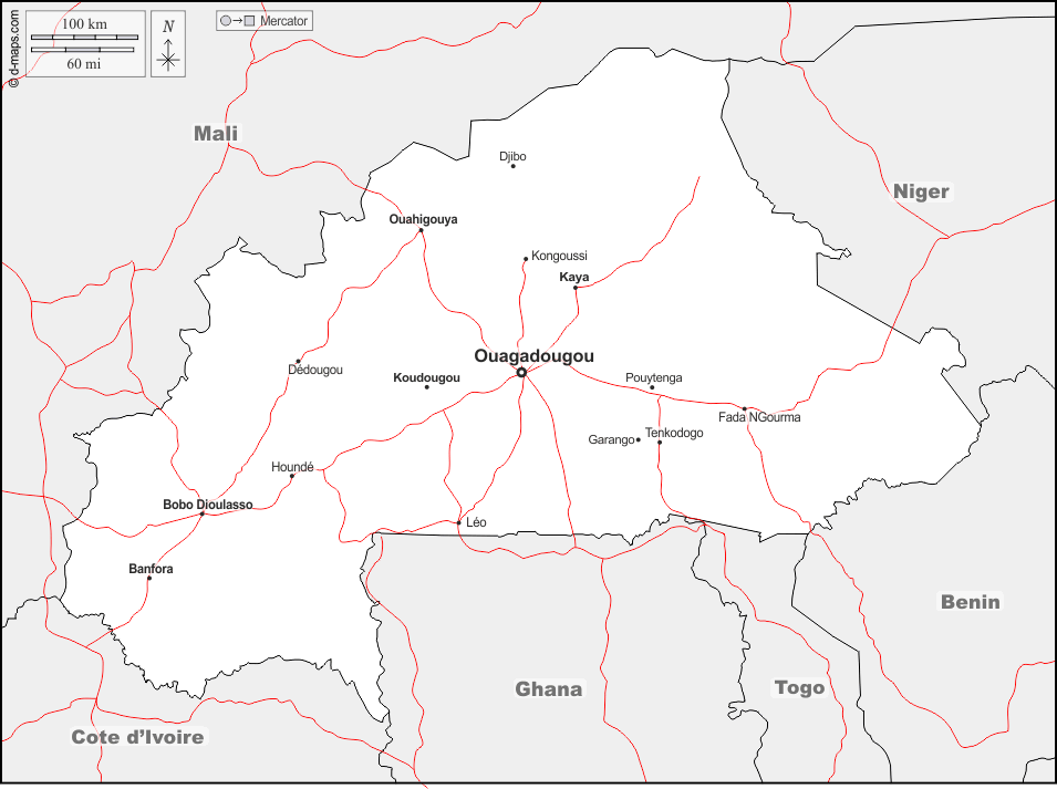 布基纳法索 : d-maps.com: 免费地图, 免费的空白地图, 免费的轮廓地图, 免费基地地图 : 边界, 主要城市, 道路, 名称