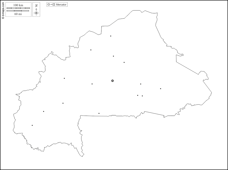 Burkina Faso : d-maps.com: mapa gratuito, mapa mudo gratuito, mapa en blanco gratuito, plantilla de mapa : contornos, provincias, principales ciudades, blanco