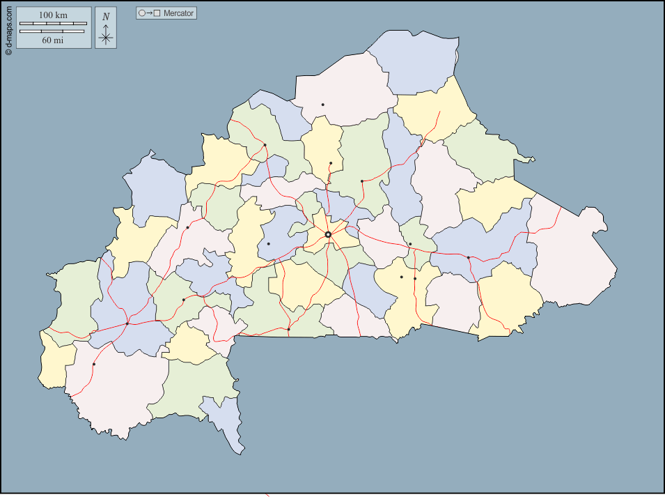 ブルキナファソ : d-maps.com: 無料地図, 無料の空の地図, 無料のアウトラインマップ, 無料のベースマップ
 : 輪郭, 地方, 主要都市, 道路, 色