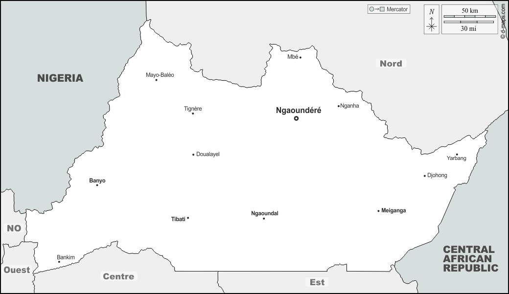 Regione di Adamaoua : d-maps.com: mappa gratuita, mappa muta gratuita, cartina muta gratuita : frontiere, principali città, nomi