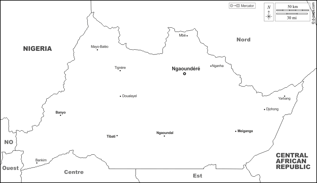 Regione di Adamaoua : d-maps.com: mappa gratuita, mappa muta gratuita, cartina muta gratuita : frontiere, principali città, nomi, bianco