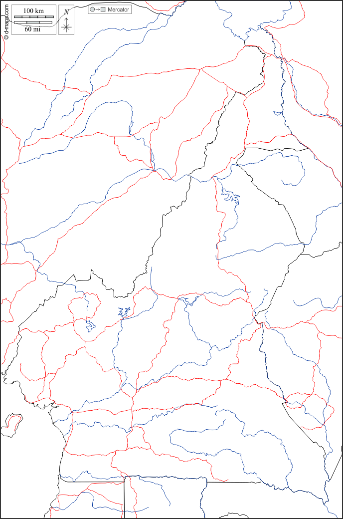 Cameroun : d-maps.com: carte géographique gratuite, carte géographique muette gratuite, carte vierge gratuite, fond de carte gratuit, formats graphiques courants : frontières, hydrographie, routes, blanc