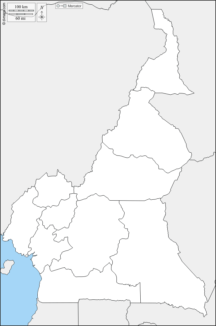Cameroun : d-maps.com: carte géographique gratuite, carte géographique muette gratuite, carte vierge gratuite, fond de carte gratuit, formats graphiques courants : frontières, provinces