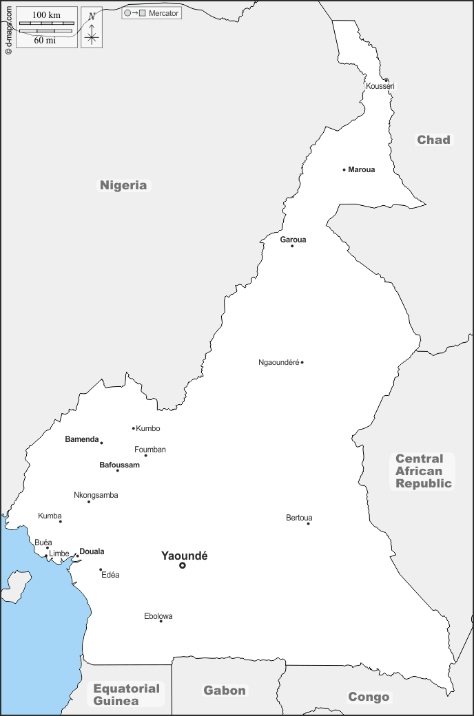 Камерун : d-maps.com: Бесплатная карта, бесплатная карта, свободная карта, Бесплатная базовая карта
 : границы, Главные города, имена