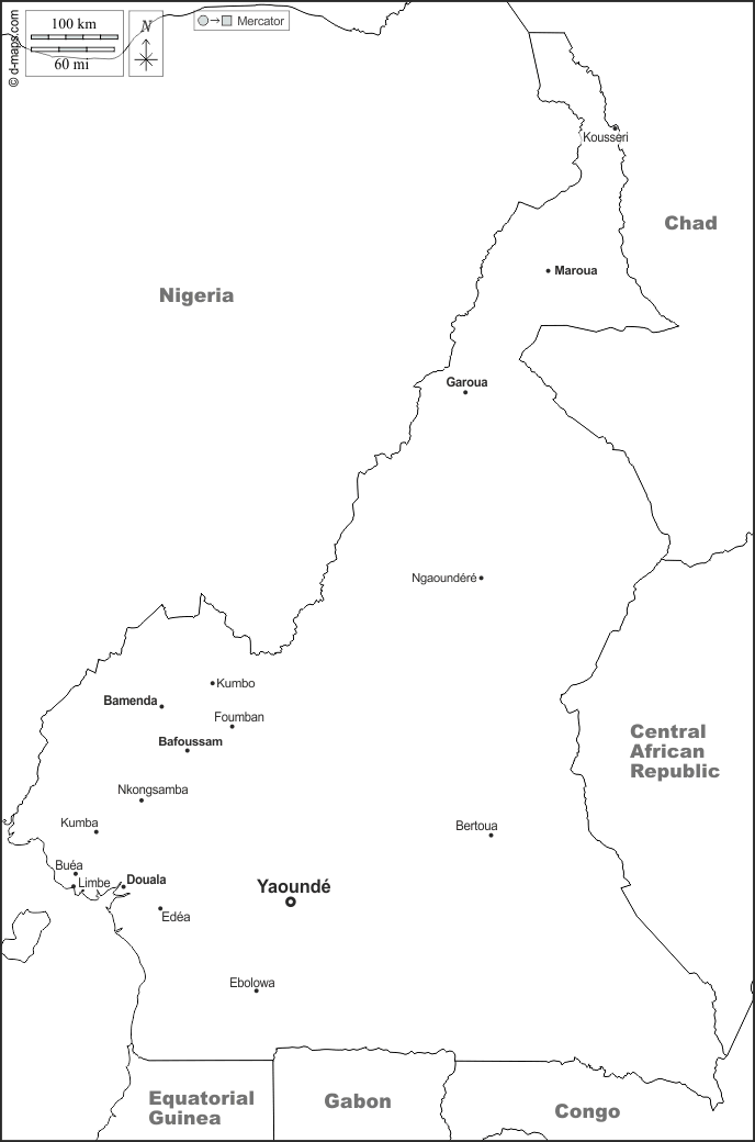 Камерун : d-maps.com: Бесплатная карта, бесплатная карта, свободная карта, Бесплатная базовая карта
 : границы, Главные города, имена, Белый