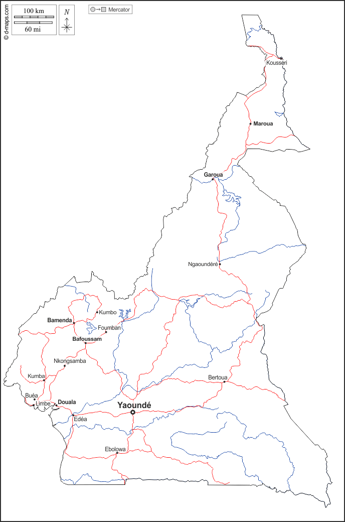 Камерун : d-maps.com: Бесплатная карта, бесплатная карта, свободная карта, Бесплатная базовая карта
 : контур, гидрографии, Главные города, дорог, имена, Белый