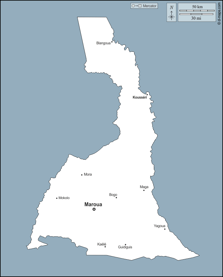 Région Extrême-Nord : d-maps.com: carte géographique gratuite, carte géographique muette gratuite, carte vierge gratuite, fond de carte gratuit, formats graphiques courants : contours, principales villes, noms