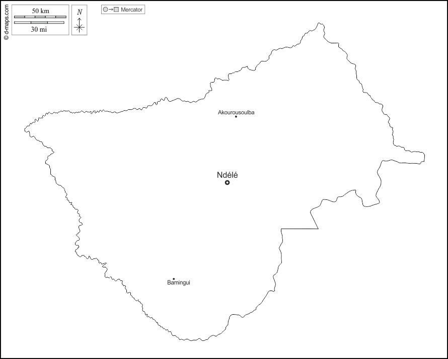 Bamingui-Bangoran : d-maps.com: free map, free blank map, free outline map, free base map : outline, main cities, names, white