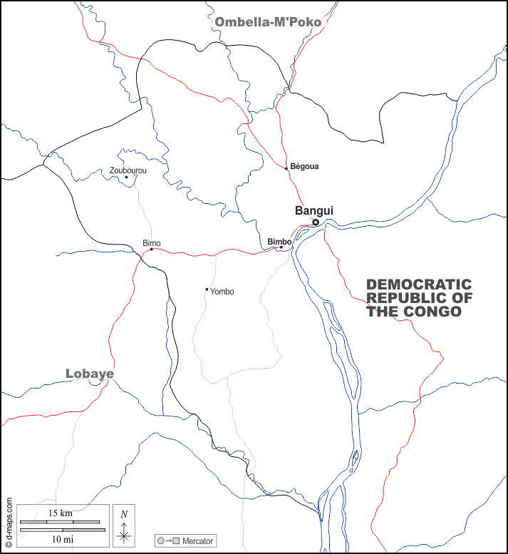 Bangui : d-maps.com: mapa livre, mapa em branco livre, mapa livre do esboço, mapa básico livre
 : fronteiras, hidrografia, principais cidades, estradas, nomes, branco