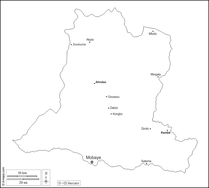 Basse-Kotto : d-maps.com: mapa gratuito, mapa mudo gratuito, mapa en blanco gratuito, plantilla de mapa : contornos, principales ciudades, nombres, blanco