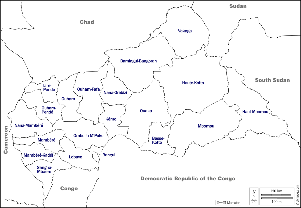 Zentralafrikanische Republik : d-maps.com: Kostenlose Karten, kostenlose stumme Karte, kostenlose unausgefüllt Landkarte, kostenlose hochauflösende Umrisskarte : Grenzen, Präfekturen, Namen, weiß