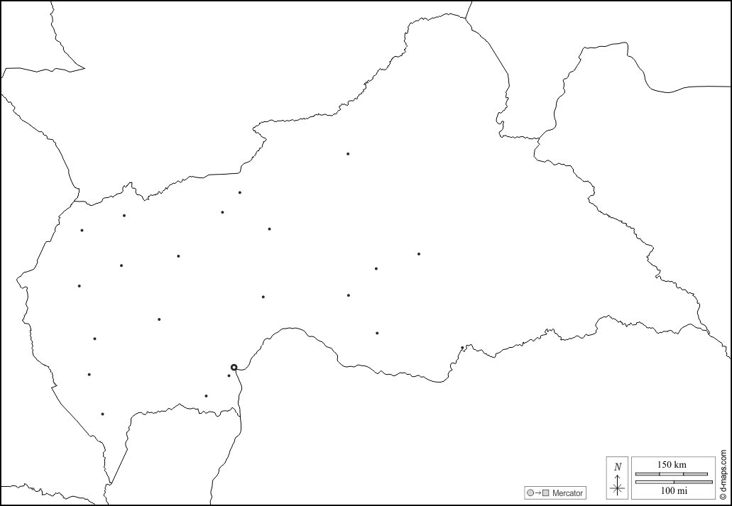 Zentralafrikanische Republik : d-maps.com: Kostenlose Karten, kostenlose stumme Karte, kostenlose unausgefüllt Landkarte, kostenlose hochauflösende Umrisskarte : Grenzen, Wichtige Städte, weiß