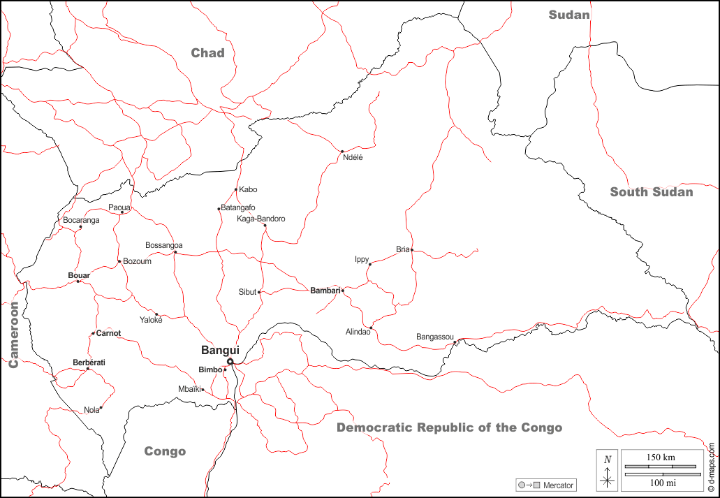 República Centroafricana : d-maps.com: mapa gratuito, mapa mudo gratuito, mapa en blanco gratuito, plantilla de mapa : fronteras, principales ciudades, carreteras, nombres, blanco