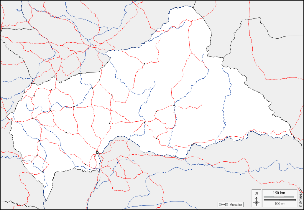 中非共和国 : d-maps.com: 免费地图, 免费的空白地图, 免费的轮廓地图, 免费基地地图 : 边界, 水文学, 主要城市, 道路