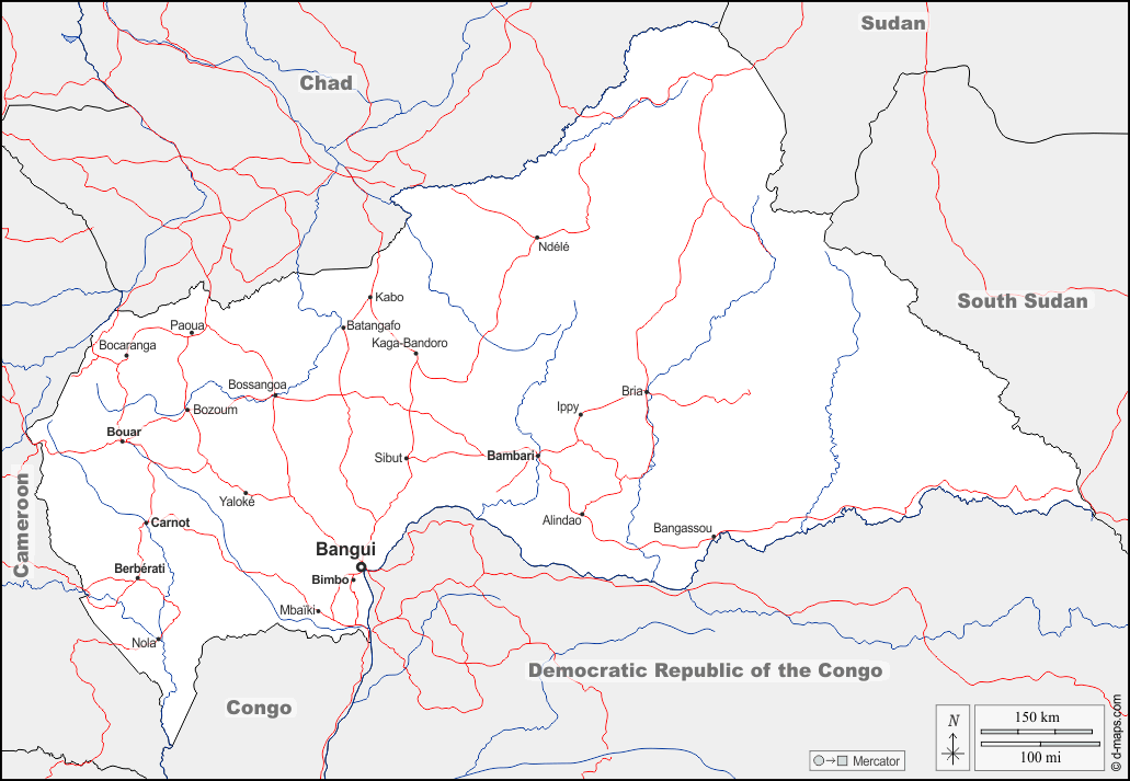 中非共和国 : d-maps.com: 免费地图, 免费的空白地图, 免费的轮廓地图, 免费基地地图 : 边界, 水文学, 主要城市, 道路, 名称