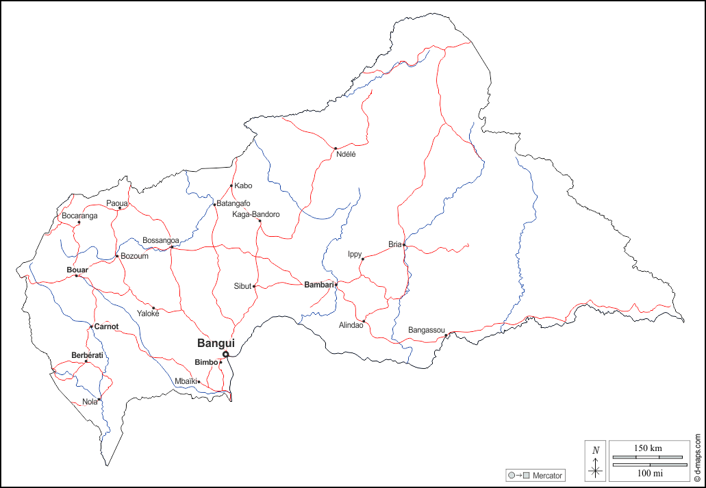 République centrafricaine : d-maps.com: carte géographique gratuite, carte géographique muette gratuite, carte vierge gratuite, fond de carte gratuit, formats graphiques courants : contours, hydrographie, principales villes, routes, noms, blanc
