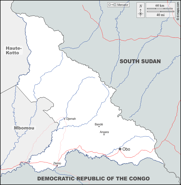 Haut-Mbomou : d-maps.com: Kostenlose Karten, kostenlose stumme Karte, kostenlose unausgefüllt Landkarte, kostenlose hochauflösende Umrisskarte : Grenzen, Hydrografie, Wichtige Städte, Straßen, Namen