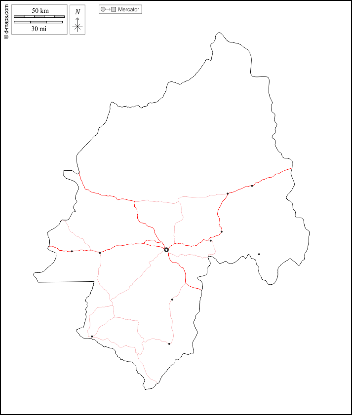 Ouaka : d-maps.com: mappa gratuita, mappa muta gratuita, cartina muta gratuita : contorni, principali città, strade, bianco