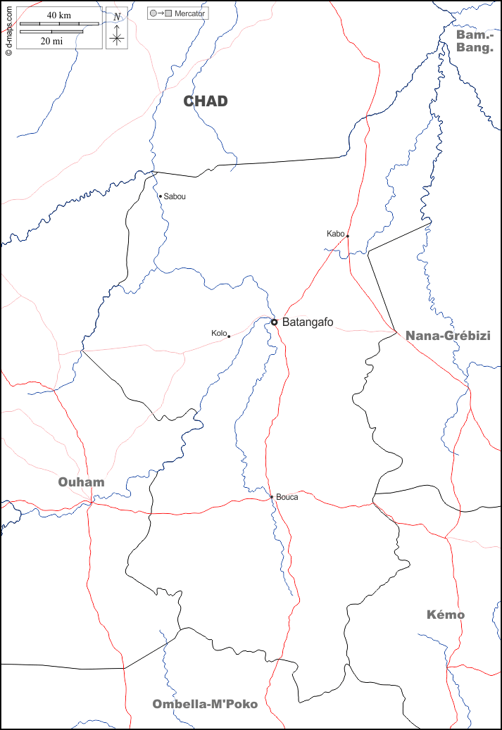 Ouham-Fafa : d-maps.com: carte géographique gratuite, carte géographique muette gratuite, carte vierge gratuite, fond de carte gratuit, formats graphiques courants : frontières, hydrographie, principales villes, routes, noms, blanc