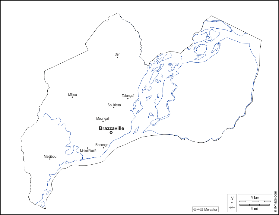 Brazzaville : d-maps.com: mappa gratuita, mappa muta gratuita, cartina muta gratuita : contorni, idrografia, principali città, nomi, bianco
