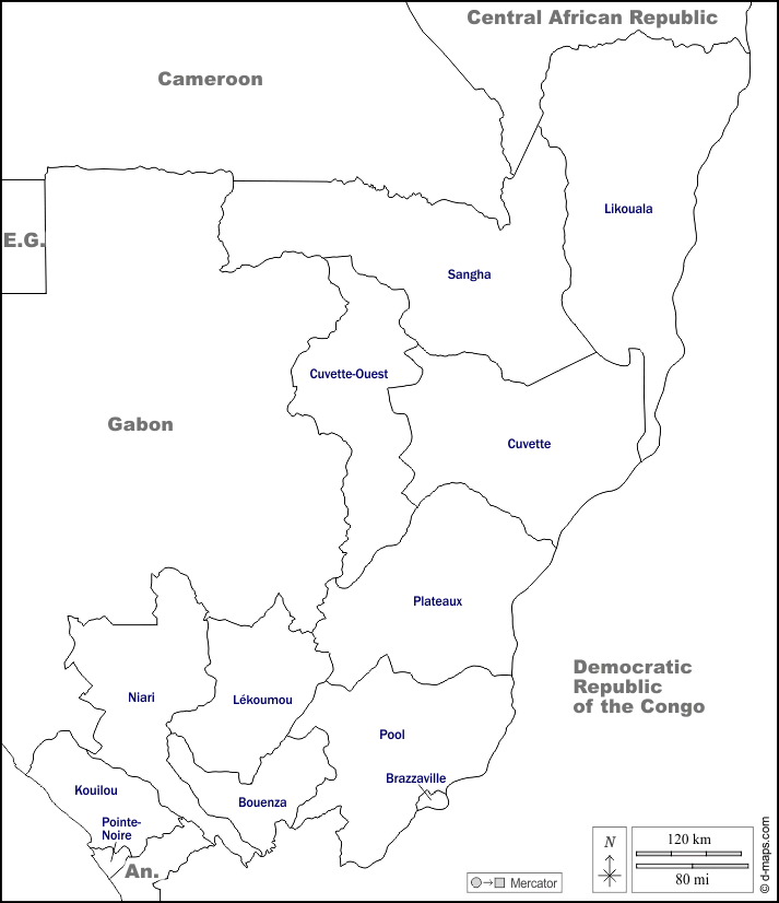 Congo : d-maps.com: mapa gratuito, mapa mudo gratuito, mapa en blanco gratuito, plantilla de mapa : fronteras, departamentos, nombres, blanco