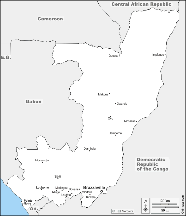 Congo : d-maps.com: mapa gratuito, mapa mudo gratuito, mapa en blanco gratuito, plantilla de mapa : fronteras, principales ciudades, nombres