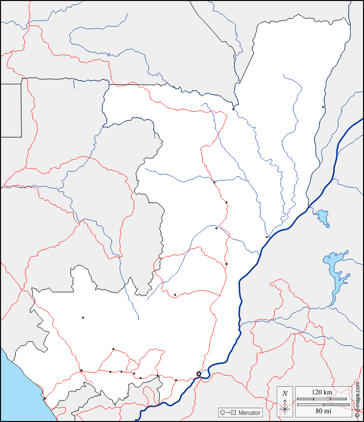 Congo : d-maps.com: free map, free blank map, free outline map, free base map : boundaries, hydrography, main cities, roads