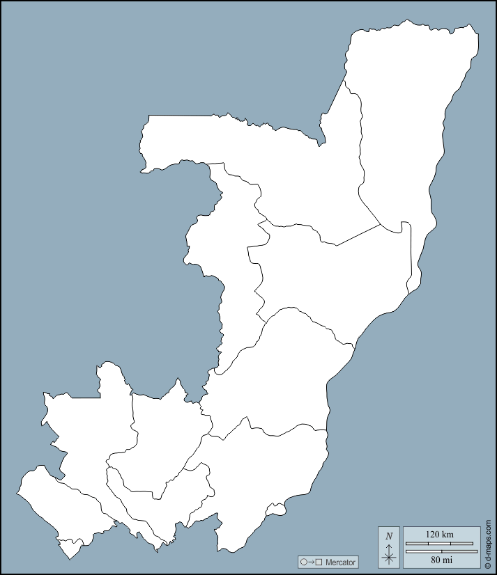 Congo : d-maps.com: carte géographique gratuite, carte géographique muette gratuite, carte vierge gratuite, fond de carte gratuit, formats graphiques courants : contours, départements